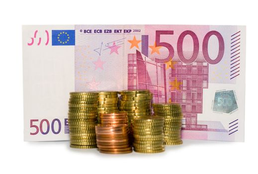 Money banknote and monetary euro isolated in white