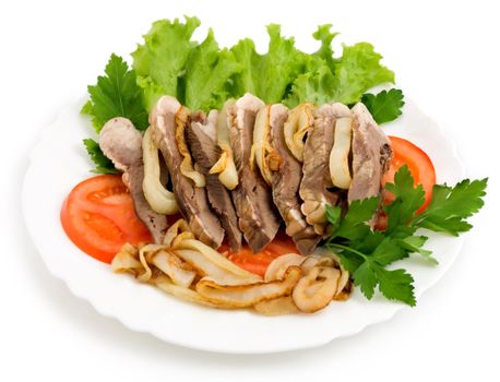 meat dish meat salad , close-up isolated on white background