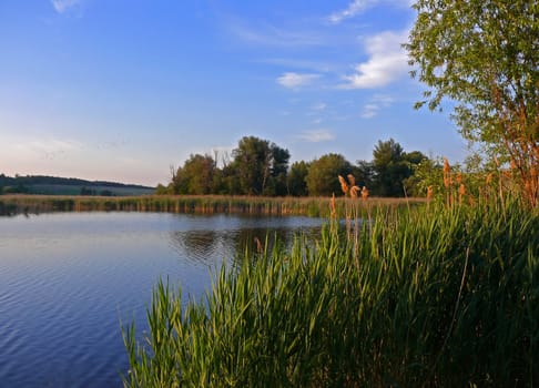 Beautiful lake view sunrise summer background