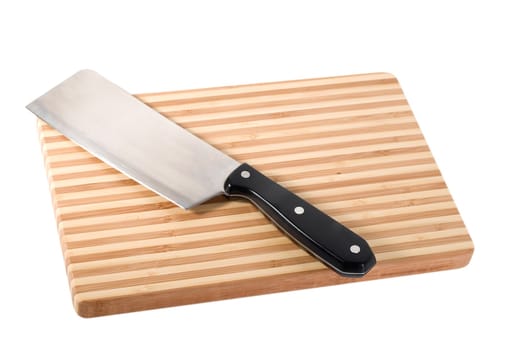 Knife on the chopping board close-up isolated on white background
