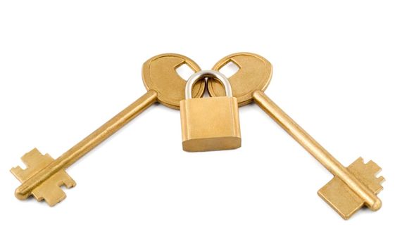gold keys lock isolated on white background.