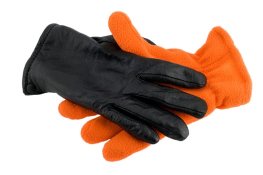 black and orange glove handshake isolated on white background
