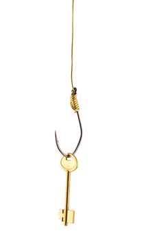 Golden key on hook concepts isolated on white background