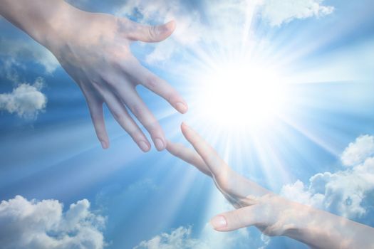 Hope of peace. Hands on the sunlight background