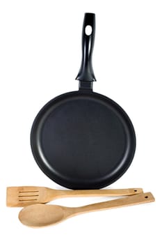 frying pan with spoon isolated on white background