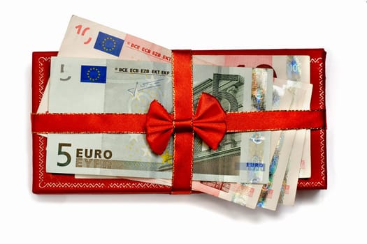 euro on box with bow, isolated on white background