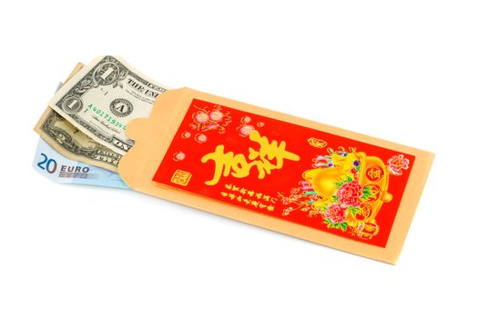 envelope with euro and dollar on white background