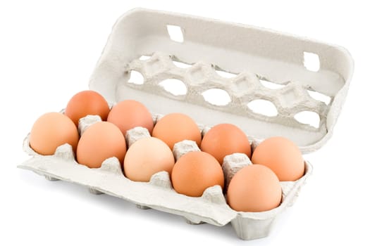 eggs in protective case foreground close-up isolated on white background