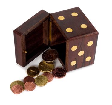 dice with euro coins isolated on white background
