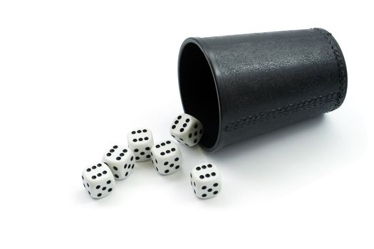 Dice six and glass ,isolated on white background