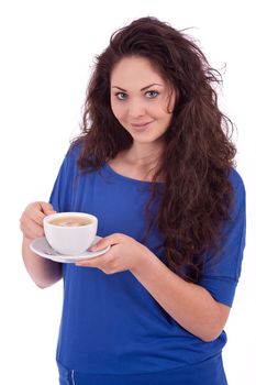 beautiful young woman with cup of coffee isolated on white