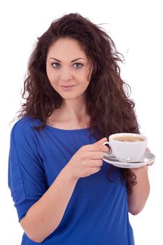 beautiful young woman with cup of coffee isolated on white