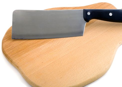 Cutting board and cleaver , isolated on white background.