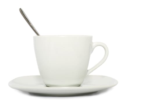 cup coffee mug tea on saucer with spoon isolated over white background