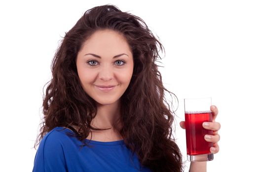 beautiful smiling brunette woman is drinking red juice isolated on white