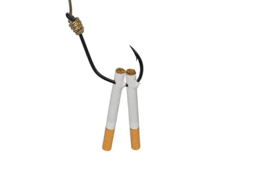 Cigarettes on Fishing hook , isolated on a white background