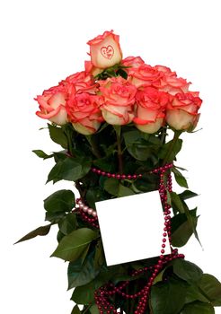 Card and roses bouquet isolated on white background.