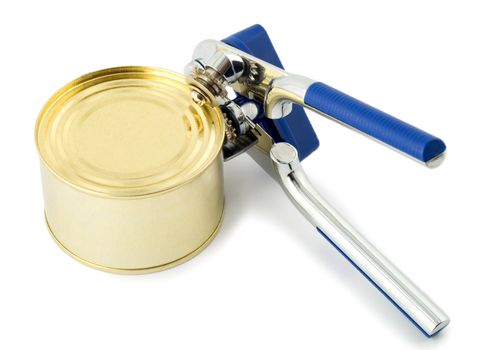 can opener opens tin can, isolated on white.