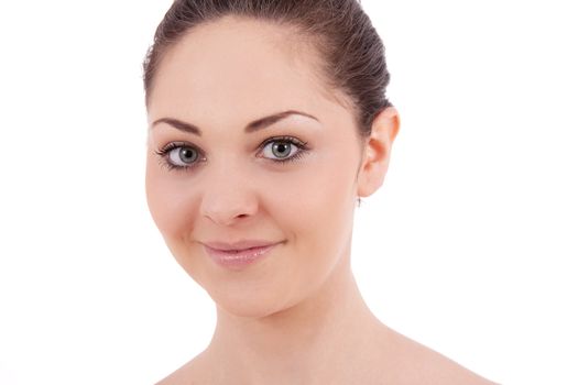 beautiful young smiling woman with healthy skin isolated on white background