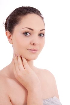 beautiful young smiling woman with healthy skin isolated on white background
