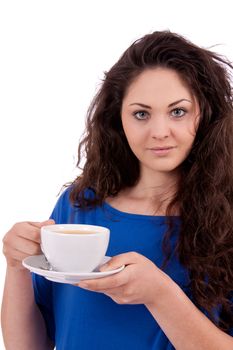 beautiful young woman with cup of coffee isolated on white