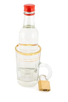 bottle in glass with golden lock isolated on white background