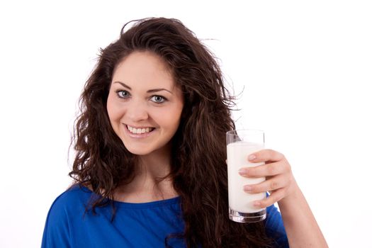 beautiful smiling woman is drinking milk isolated on white background