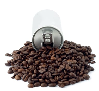black coffee bean spilling from container close-up isolated on white background