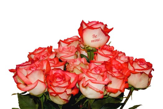 Bouquet of the roses,one rose is signed "Be Mine..."