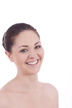 beautiful young smiling woman with healthy skin isolated on white background
