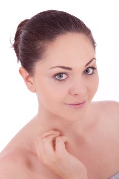 beautiful young smiling woman with healthy skin isolated on white background