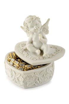 angel gift small box golden bracelet isolated on white background
