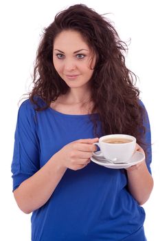beautiful young woman with cup of coffee isolated on white