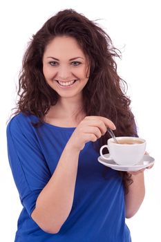 beautiful young woman with cup of coffee isolated on white