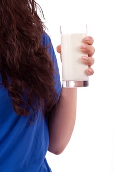 beautiful smiling woman is drinking milk isolated on white background