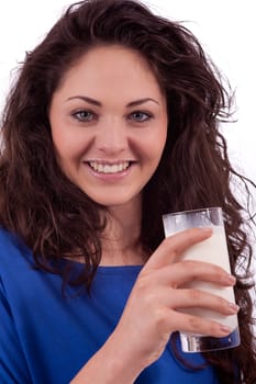 beautiful smiling woman is drinking milk isolated on white background