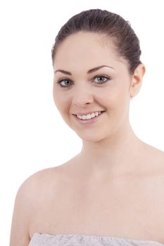beautiful young smiling woman with healthy skin isolated on white background