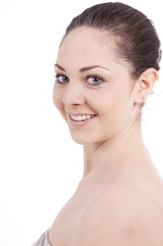 beautiful young smiling woman with healthy skin isolated on white background