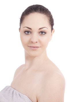 beautiful young smiling woman with healthy skin isolated on white background