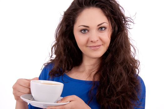 beautiful young woman with cup of coffee isolated on white