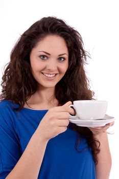 beautiful young woman with cup of coffee isolated on white