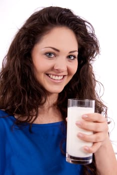 beautiful smiling woman is drinking milk isolated on white background