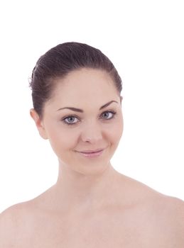 beautiful young smiling woman with healthy skin isolated on white background
