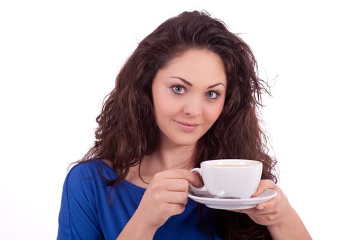 beautiful young woman with cup of coffee isolated on white