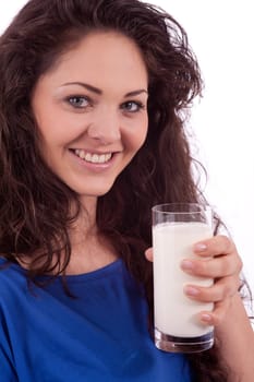 beautiful smiling woman is drinking milk isolated on white background