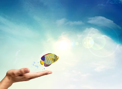 Tropical fish in a hand with sky and clouds background