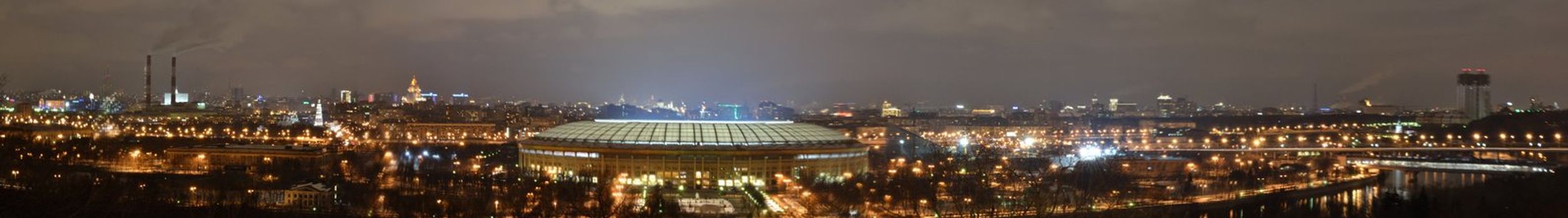 Panoramic night view of the Luzhniki Olympic Complex in Moscow