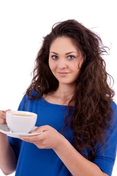 beautiful young woman with cup of coffee isolated on white