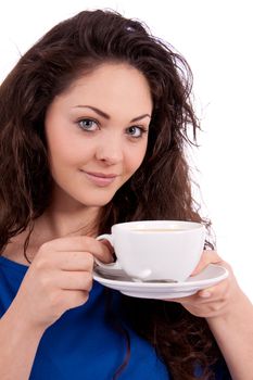 beautiful young woman with cup of coffee isolated on white