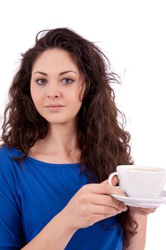 beautiful young woman with cup of coffee isolated on white